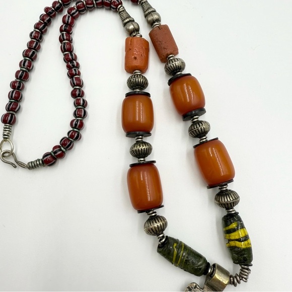 Vintage Ethiopian Coptic Hinged Cross Necklace Amber Bakelite Carnelian Beads - Picture 5 of 9